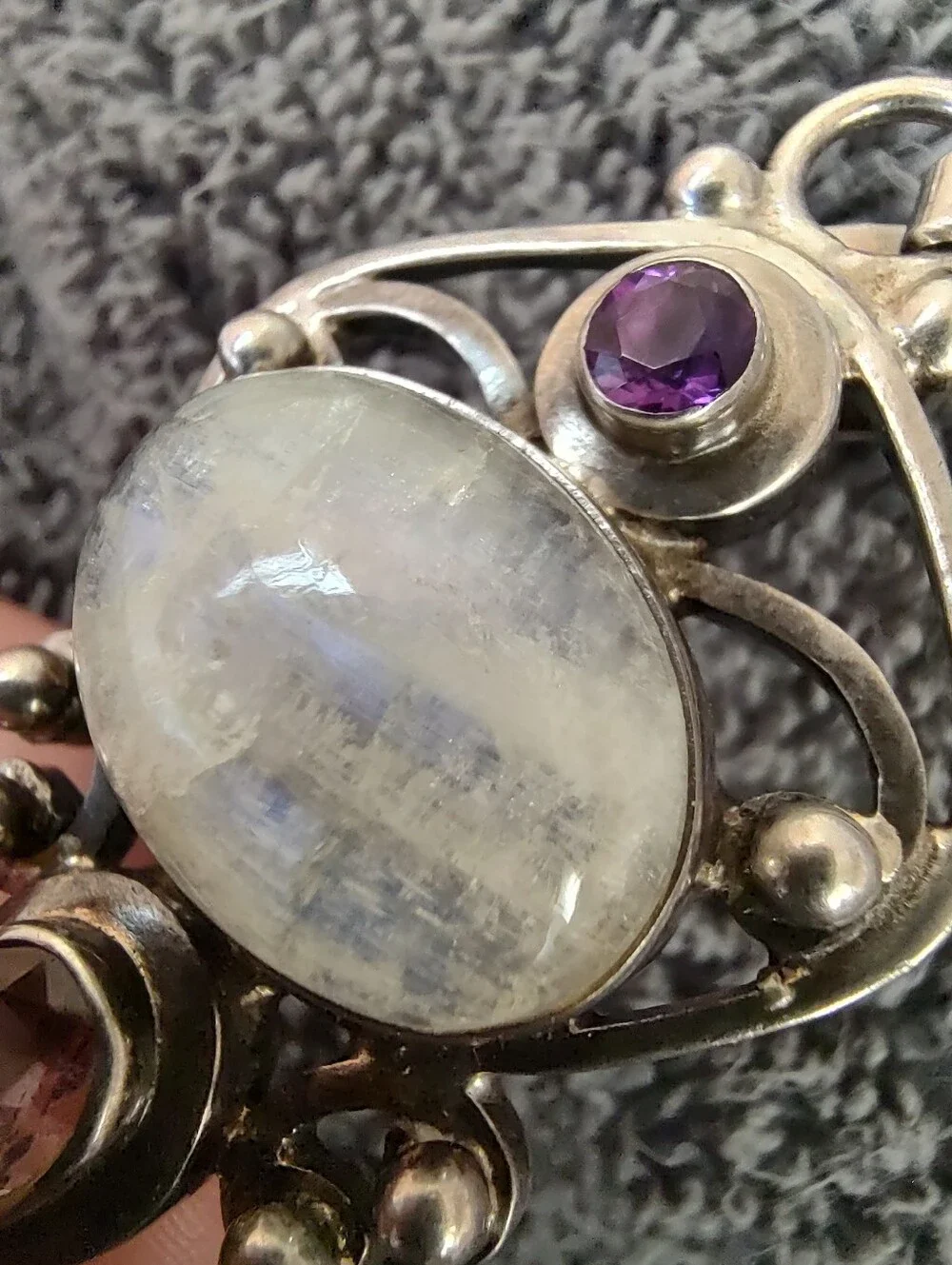 Vintage 925 Sterling Silver Moonstone Amethyst Artisan Statement Pendant